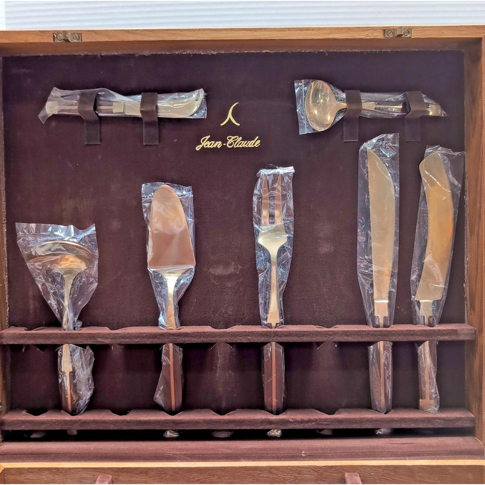 Vtg Jean Claude Brass Teak Flatware 64-Piece Incomplete Set 7 Serving Pcs & Box - Picture 7 of 16